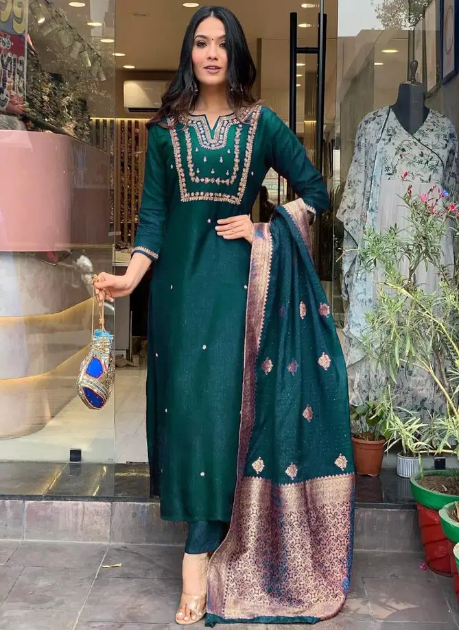 Dark Green Colour Silk Readymade Suits With Bottom and Dupatta